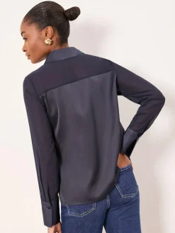 New Lipsy Long Sleeve Satin Chiffon Mix Shirt Navy Blue