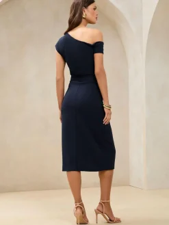 Lipsy Navy Off The Shoulder Gathered Waist Midi Dress^Women Dresses|Occasion Dresses