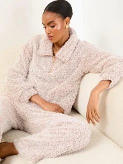 Lipsy Neutral Cosy Half Zip Pyjamas Set^Women Loungewear