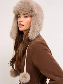 Lipsy Faux Fur Trapper Hat with Poms Neutral