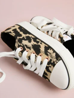 Hot Lipsy Low Top Lace-Up Canvas Baseball Trainers Neutral Leopard Print