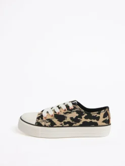 Hot Lipsy Low Top Lace-Up Canvas Baseball Trainers Neutral Leopard Print