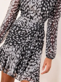 Lipsy Neutral Petite Animal Print Gathered Waist Woven Mini Dress^Women Dresses