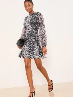 Lipsy Neutral Petite Animal Print Gathered Waist Woven Mini Dress^Women Dresses