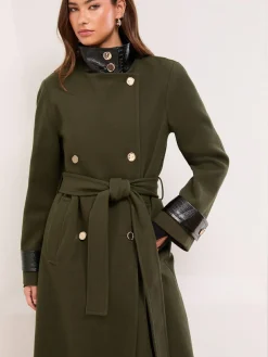 New Lipsy Petite Croc Effect Funnel Neck Belted Longline Coat Olive Green