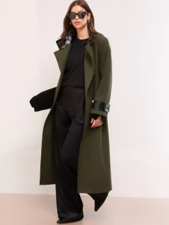 New Lipsy Petite Croc Effect Funnel Neck Belted Longline Coat Olive Green