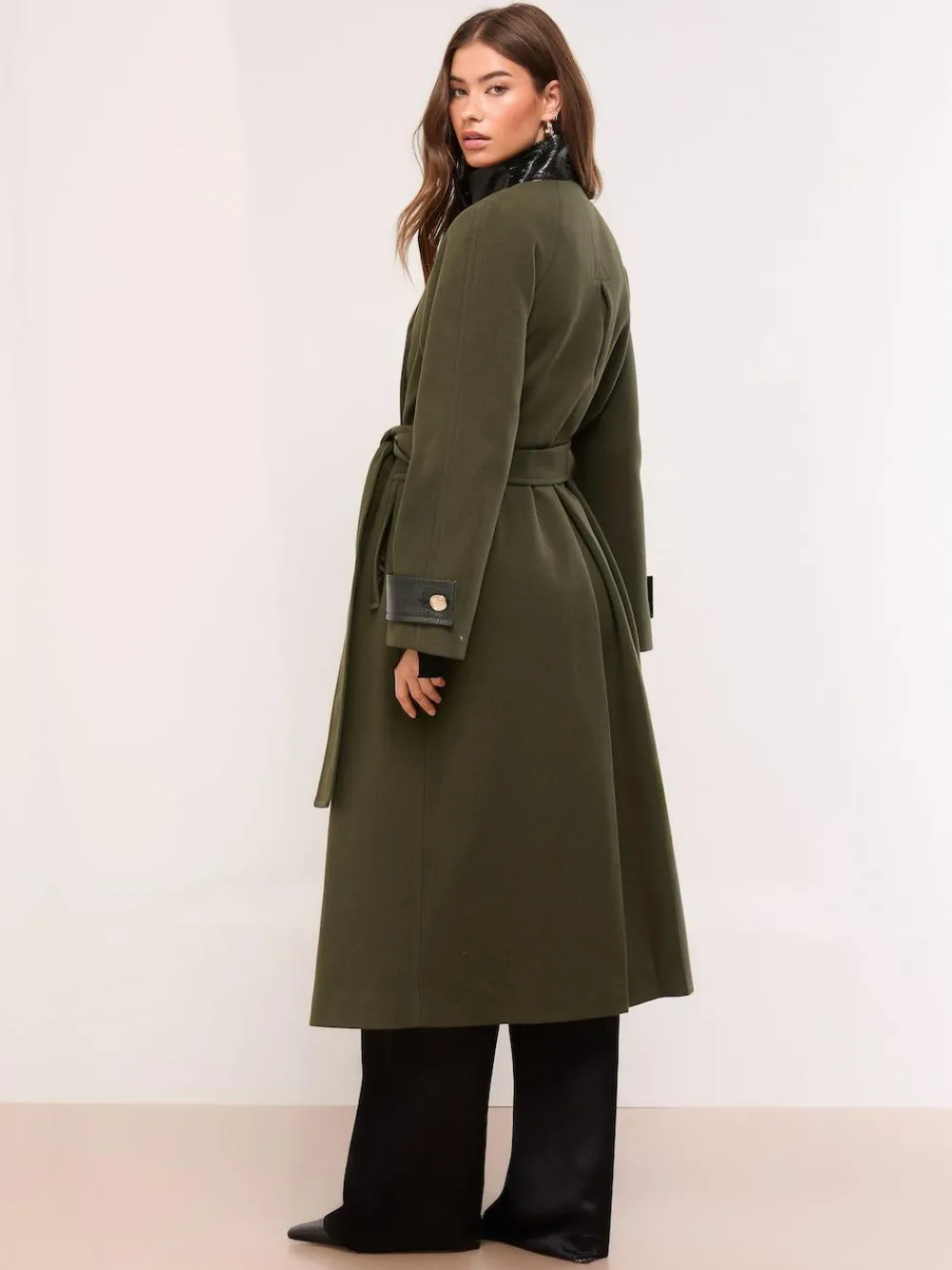 New Lipsy Petite Croc Effect Funnel Neck Belted Longline Coat Olive Green