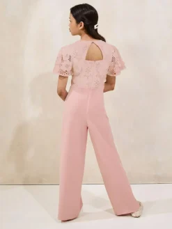 New Lipsy Pink 2-In-1 Flutter Sleeve Lace Occasion Jumpsuit (5-16yrs)