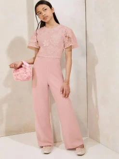 New Lipsy Pink 2-In-1 Flutter Sleeve Lace Occasion Jumpsuit (5-16yrs)