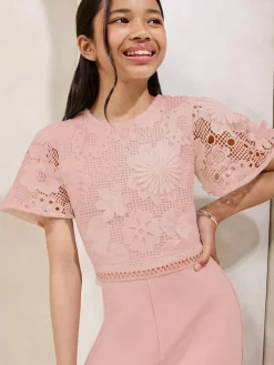 New Lipsy Pink 2-In-1 Flutter Sleeve Lace Occasion Jumpsuit (5-16yrs)