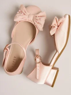 Hot Lipsy Standard Fit (F) Low Block Heel Pearl Bow Occasion Flower Heeled Sandals Pink