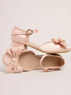 Hot Lipsy Standard Fit (F) Low Block Heel Pearl Bow Occasion Flower Heeled Sandals Pink