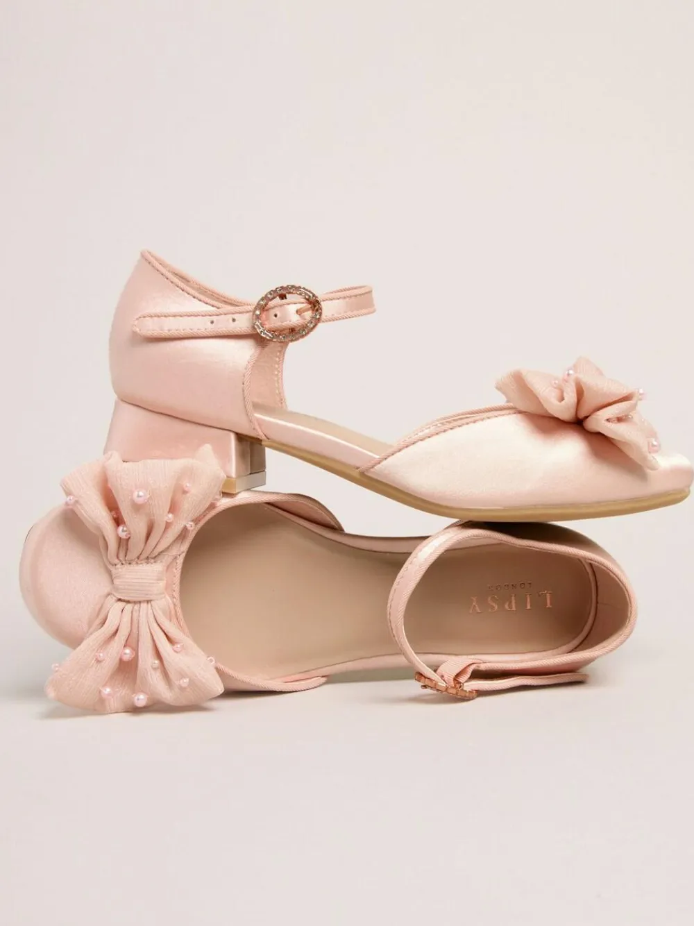 Hot Lipsy Standard Fit (F) Low Block Heel Pearl Bow Occasion Flower Heeled Sandals Pink