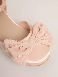 Hot Lipsy Standard Fit (F) Low Block Heel Pearl Bow Occasion Flower Heeled Sandals Pink