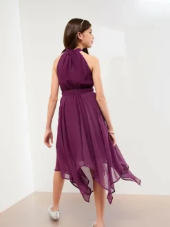Lipsy Hanky Hem Halter Occasion Dress (7-16yrs) Plum Purple