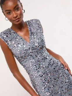 Lipsy Silver Sequin V-Neck Sleeveless Bodycon Midi Dress^Women Occasion Dresses|Midi Dresses