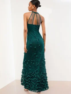 Lipsy Teal Blue Premium Floral 3D Textured Halter Maxi Dress^Women Occasion Dresses|Maxi Dresses