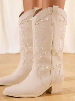 Sale Lipsy White Bridal Pearl Embellished Mid Calf Western Boots