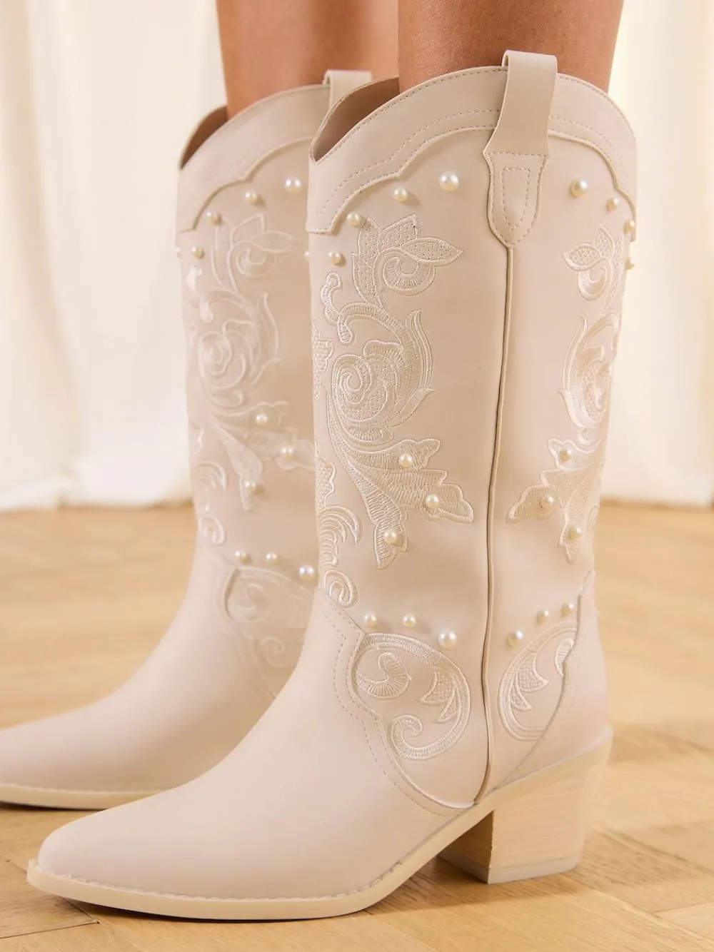 Sale Lipsy White Bridal Pearl Embellished Mid Calf Western Boots