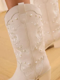 Sale Lipsy White Bridal Pearl Embellished Mid Calf Western Boots