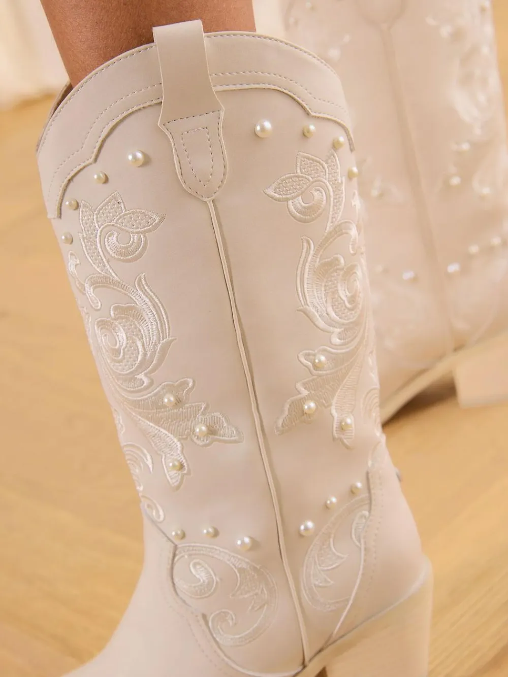 Sale Lipsy White Bridal Pearl Embellished Mid Calf Western Boots