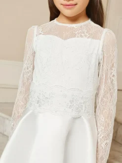 Lipsy White Holy Communion Long Sleeve Lace Satin Occasion Dress (7-11yrs)^ Occasionwear|Dresses