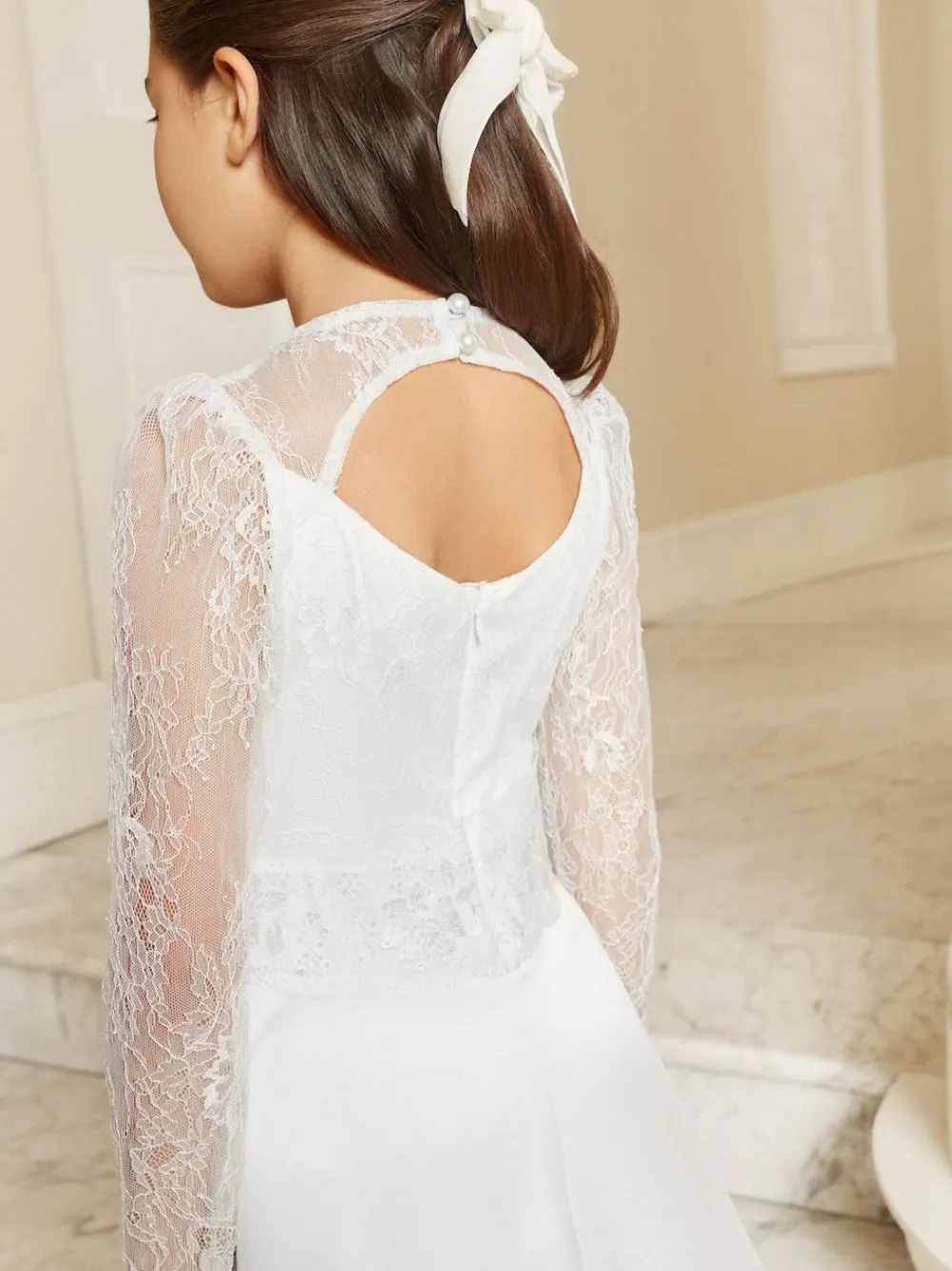 Lipsy White Holy Communion Long Sleeve Lace Satin Occasion Dress (7-11yrs)^ Occasionwear|Dresses