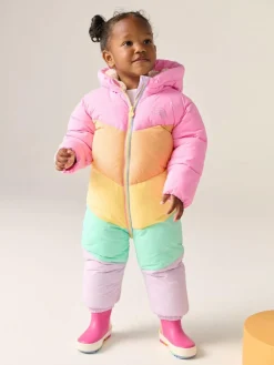 Little Bird by Jools Oliver Pink Pastel Rainbow Colourblock Shower Resistant Snowsuit^ Coats, Jackets & Pramsuits|Coats, Jackets & Pramsuits