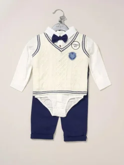 Hot Little Gent True Knit Vest, Bodysuit, Trousers and Bow Tie White Set