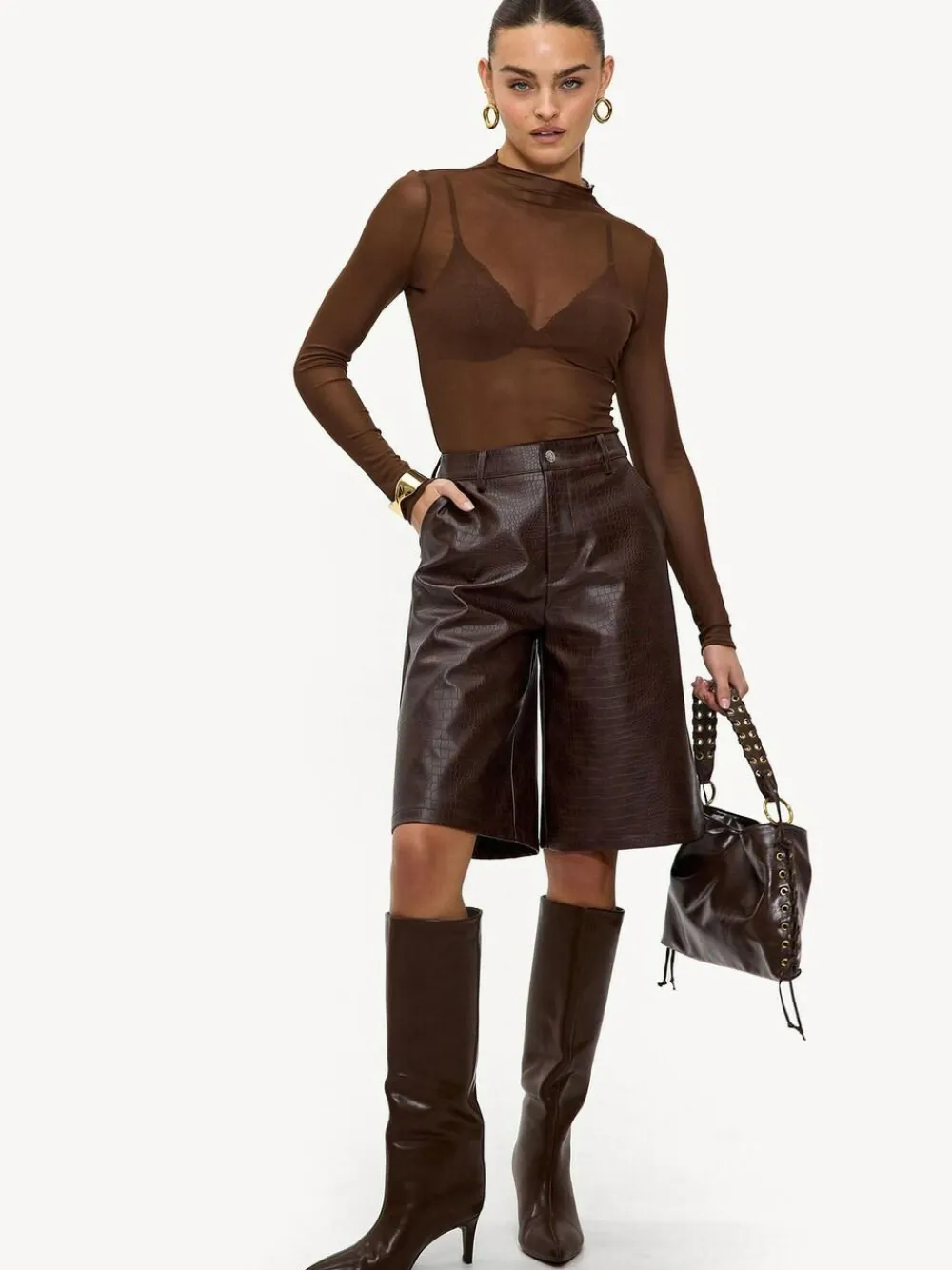 Best LOAVIES Hold The Haze Of Autumn Croc Faux Leather Long Brown Shorts