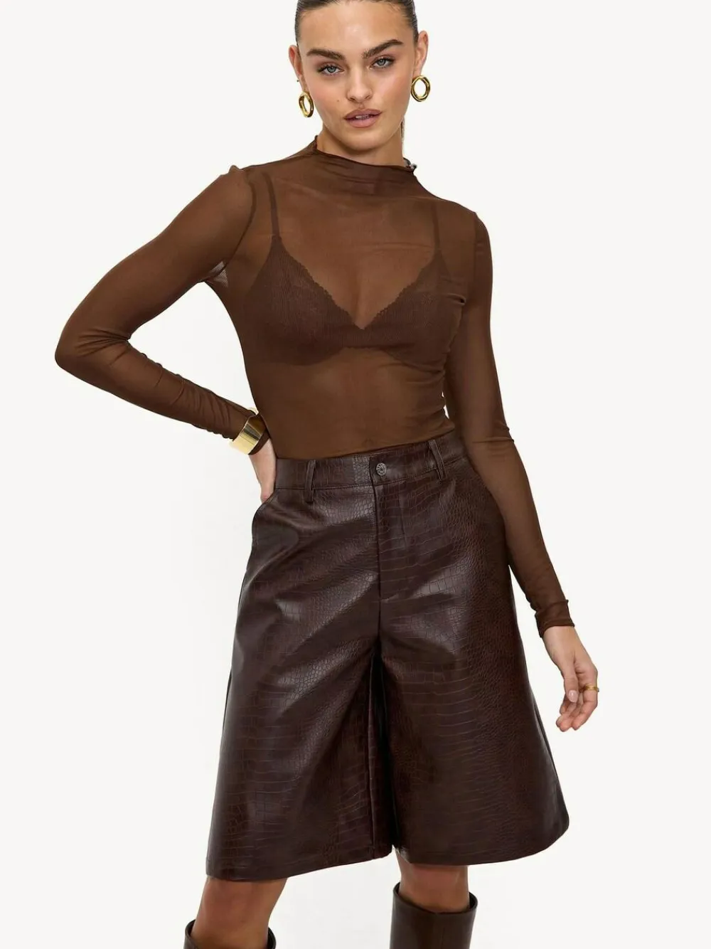 Best LOAVIES Hold The Haze Of Autumn Croc Faux Leather Long Brown Shorts