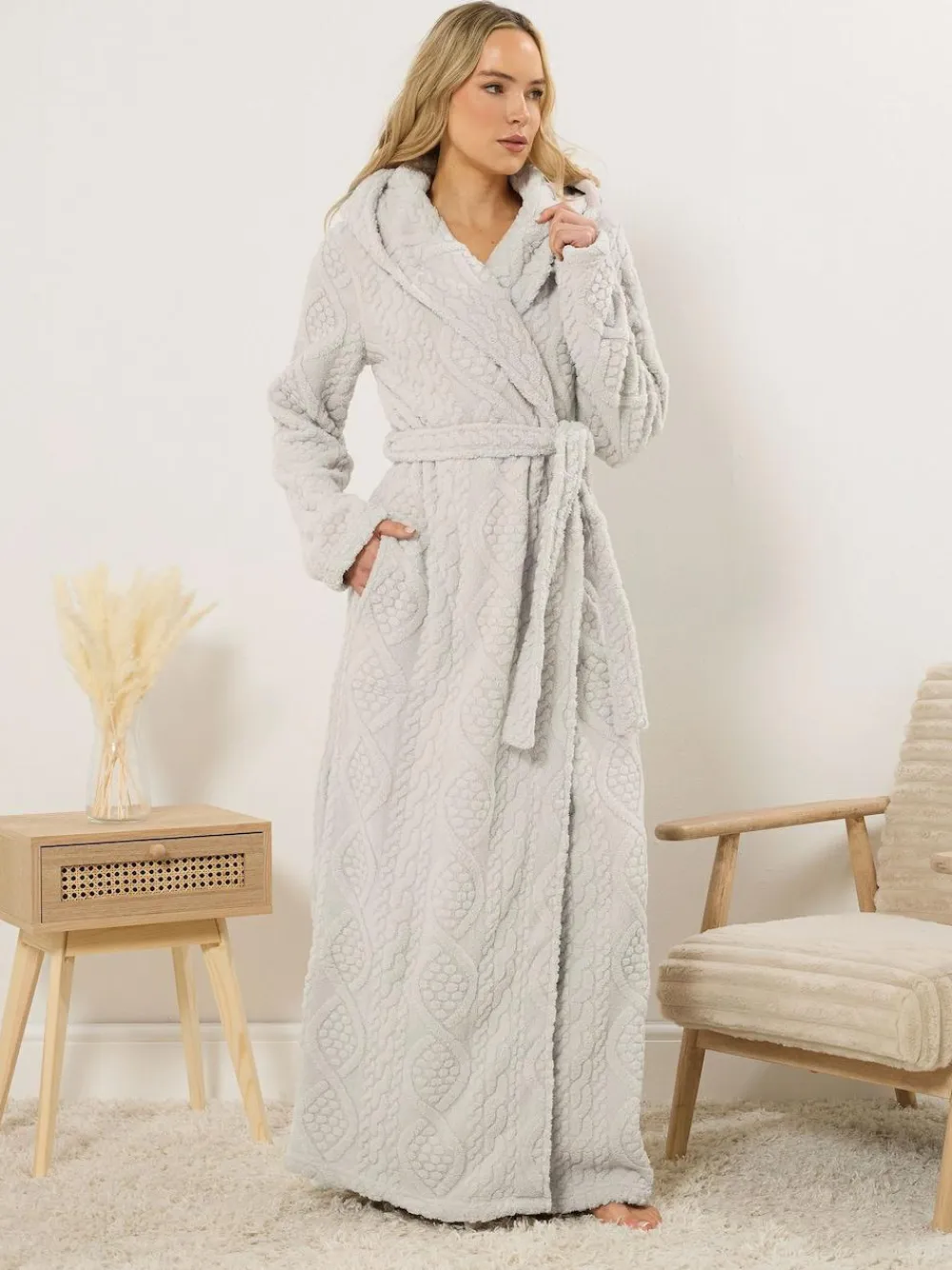 New Long Tall Sally Natural Cable Maxi Hooded Robe
