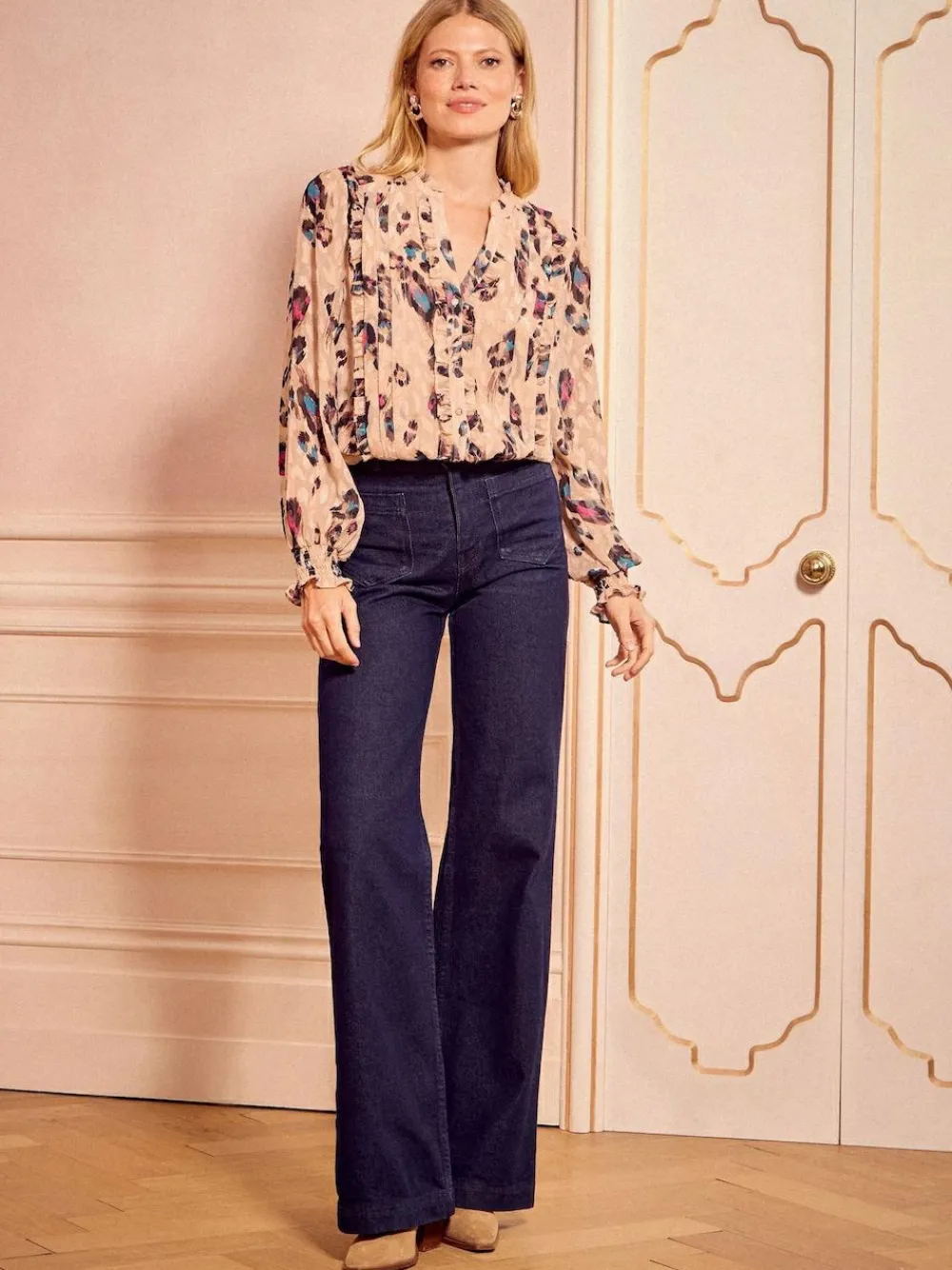 Love & Roses Beige Animal Notch Neck Long Sleeve Blouse^Women Tops & T-Shirts|Occasionwear