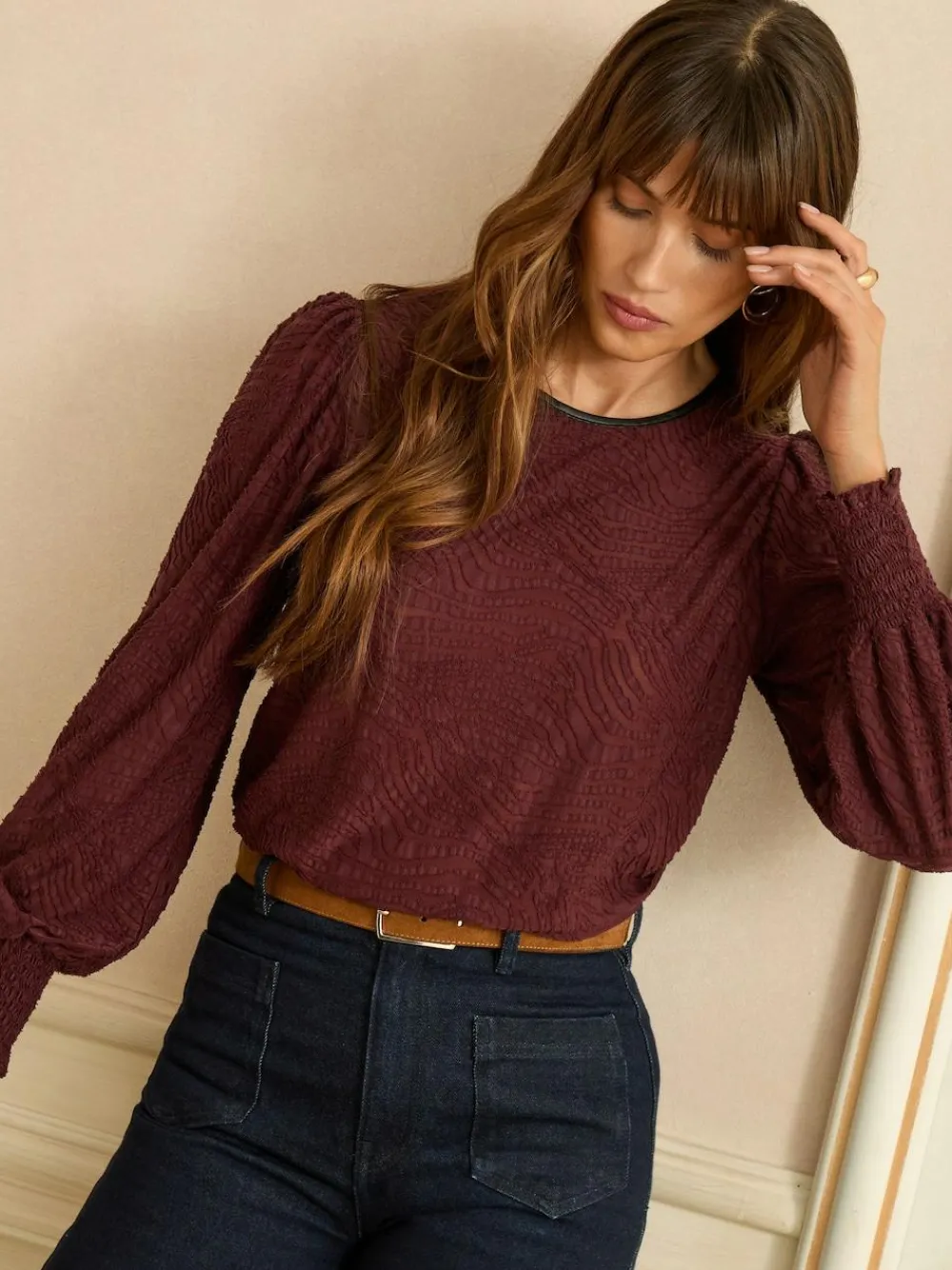 Discount Love & Roses Textured Long Sleeve Top Berry Red