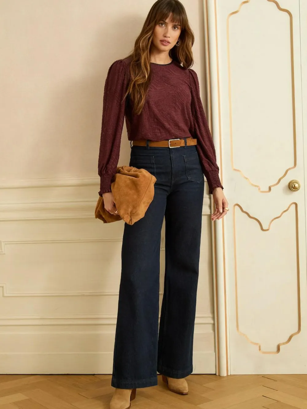 Discount Love & Roses Textured Long Sleeve Top Berry Red