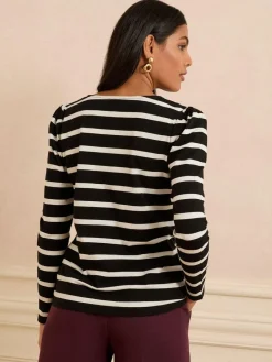 Clearance Love & Roses Black and Ivory Stripe Scallop V-Neck Long Sleeve Jersey Top