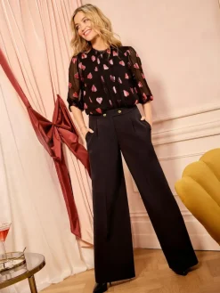 Love & Roses Black And Red Metallic Heart Crew Neck Long Sleeve Jacquared Blouse^Women Occasionwear|Blouses & Shirts