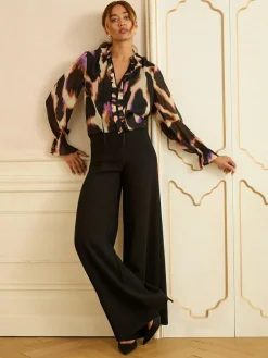 Outlet Love & Roses Black Animal Notch Neck Long Sleeve Blouse