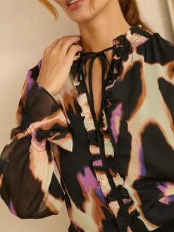 Outlet Love & Roses Black Animal Notch Neck Long Sleeve Blouse