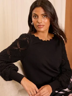 Sale Love & Roses Black Bobble Stitch Scallop Knit Jumper
