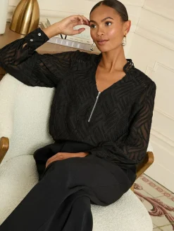 New Love & Roses Long Sleeve Zip Front Blouse Black Burnout