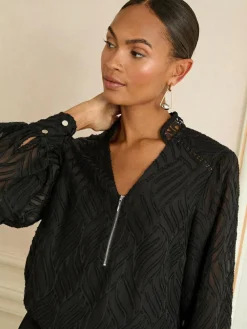 New Love & Roses Long Sleeve Zip Front Blouse Black Burnout