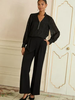 New Love & Roses Long Sleeve Zip Front Blouse Black Burnout