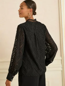 New Love & Roses Long Sleeve Zip Front Blouse Black Burnout