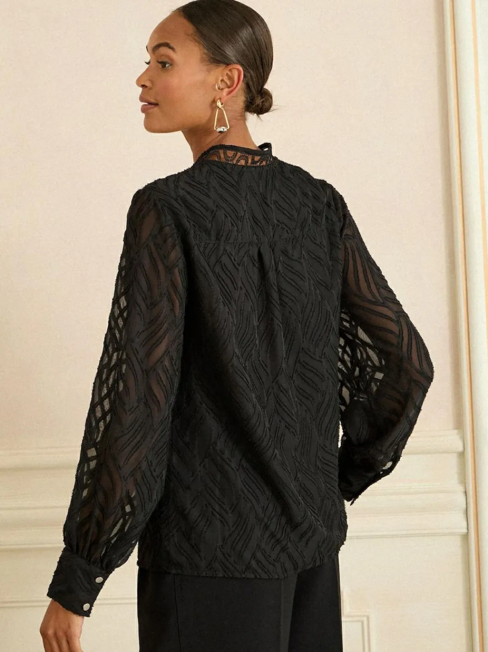 New Love & Roses Long Sleeve Zip Front Blouse Black Burnout