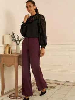 Hot Love & Roses Crew Neck Lace Yoke Long Sleeve Blouse Black