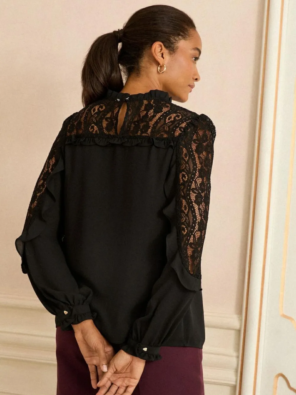 Hot Love & Roses Crew Neck Lace Yoke Long Sleeve Blouse Black