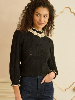 Discount Love & Roses 3D Flower Trim Pointelle Jumper Black