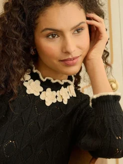 Discount Love & Roses 3D Flower Trim Pointelle Jumper Black