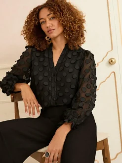 Best Love & Roses 3D Spot Long Sleeve Blouse Black